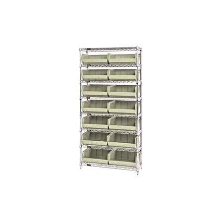 Global Industrial Chrome Wire Shelving With 14 Giant Plastic Stacking Bins Ivory, 36x14x74 268929BG